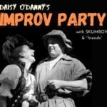 Two costumed performers laughing under improv party sign