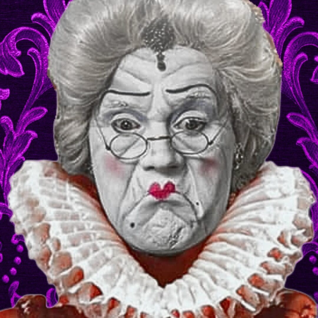Elderly clown with ruffled collar and glasses.
